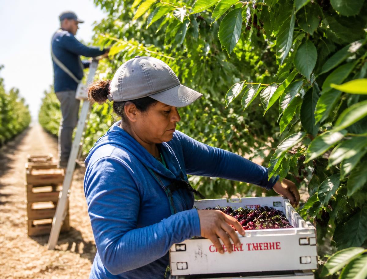 Trabajadora de temporada cosechando fruta en un huerto