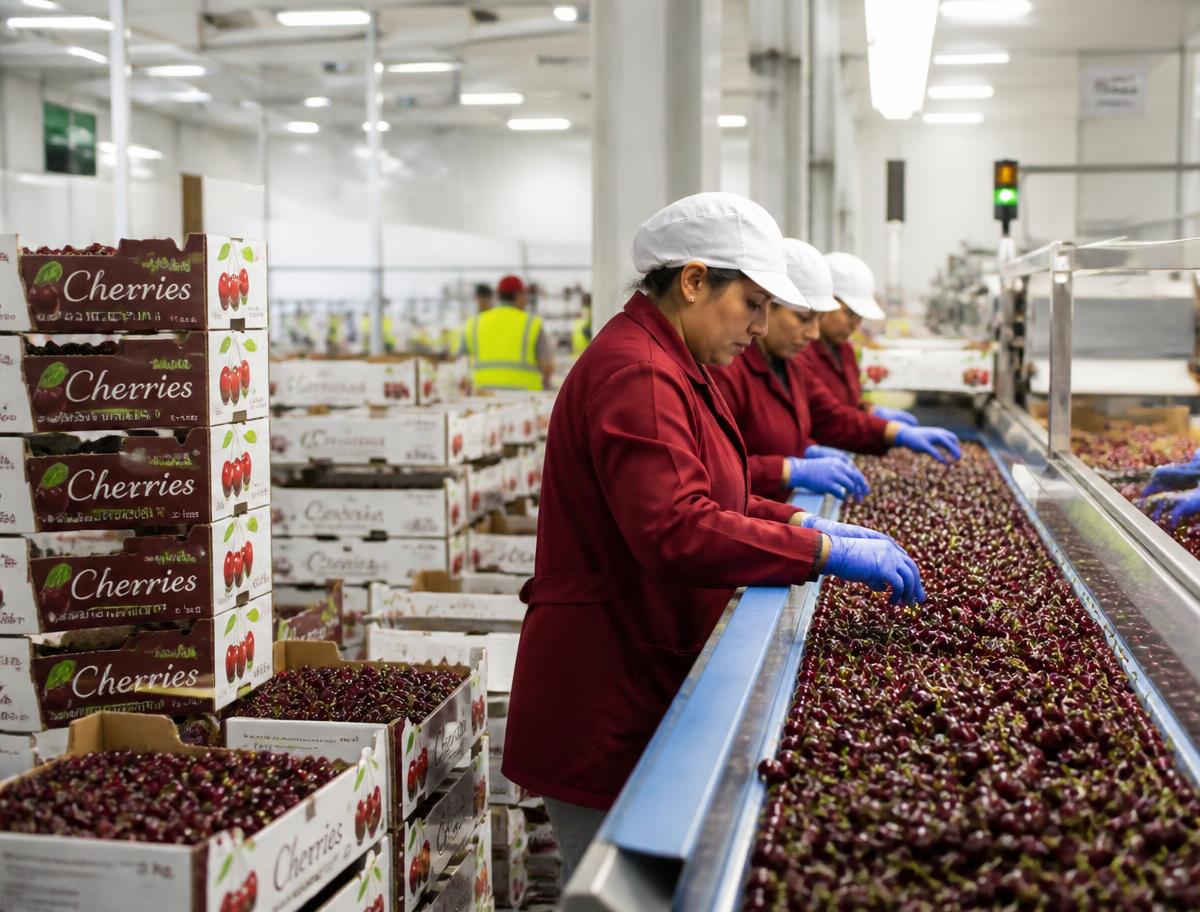 Personal seleccionando fruta en una planta de embalaje para exportación