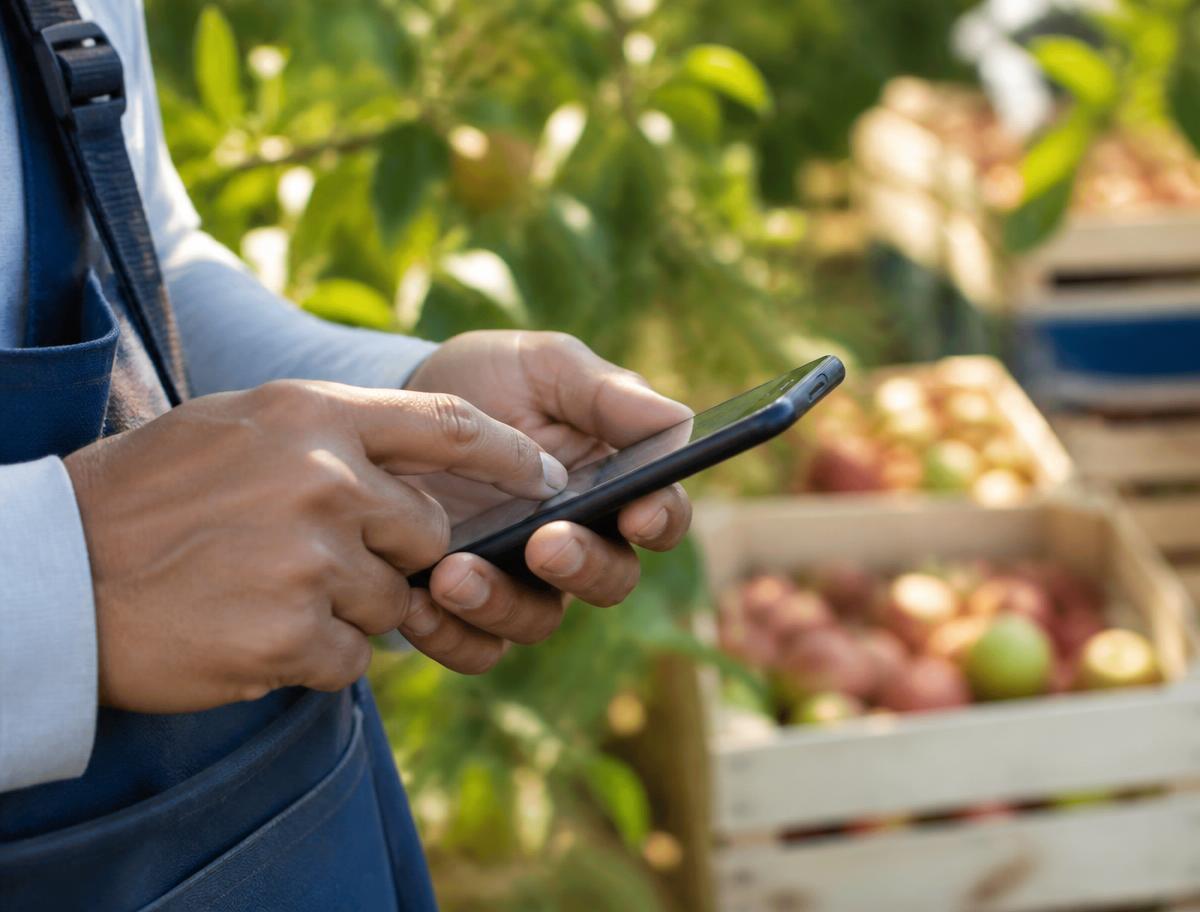 Manos de un trabajador agrícola registrando datos en un teléfono junto a cajas de fruta